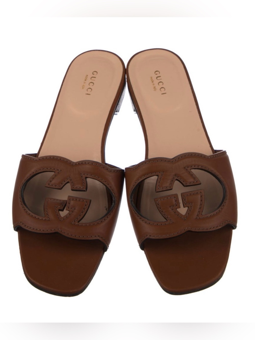 Gucci Brown Leather Interlocking G Slide Sandals 8/38